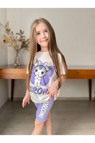ARBİ kids Girl's Kuromi Print Ribbed Slim Shorts Suit Summer