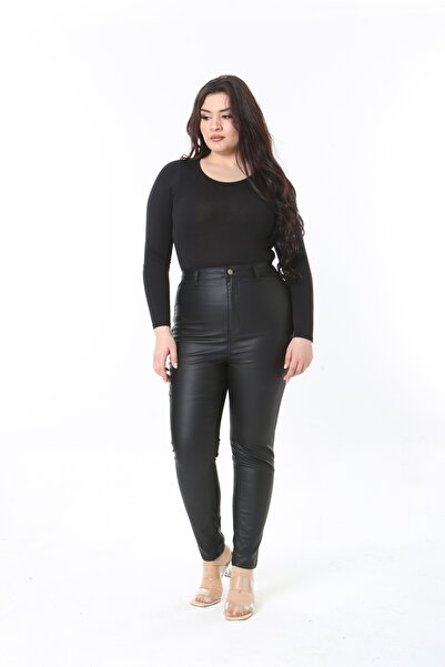 Şans Women's Large Size Black Leather Coated High Waist Skinny Pants with Back Pocket 65N38902