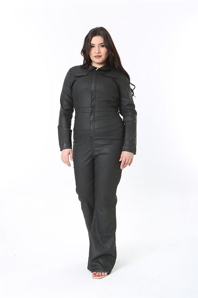 Şans Women's Large Size Black Fabric Jumpsuit with Zipper Cap 65N38908