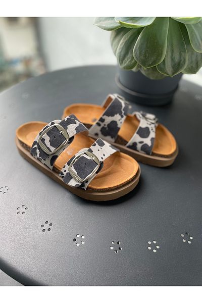 Land of Cork Anatomical Natural Cork Sole Cow Animal Pattern Platform Sole Leather Slippers