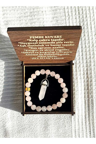 BaharEli Natural Pink Quartz Stone Necklace and Bracelet Set in Special Box