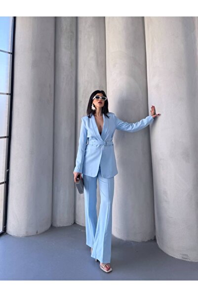 Bella Breeze Kadın İkili Kemer Detay Ceket Palazzo Pantolon Premium Takım Elbise