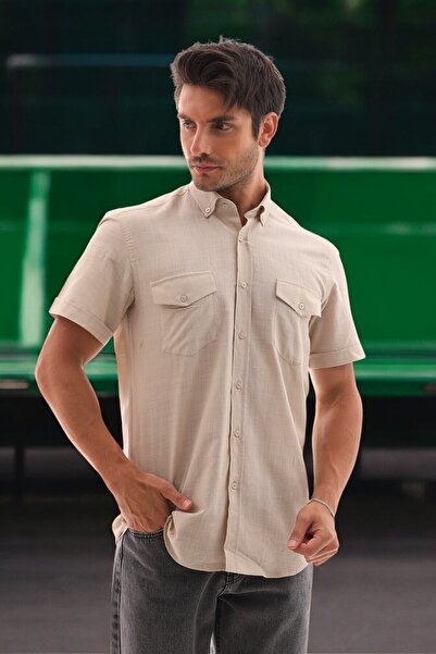 KozaLüks Men's Voile Fabric Jacquard Pattern Short Sleeve Summer Shirt