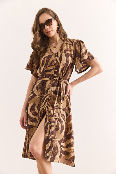 Olalook Γυναικείο φόρεμα με υφαντό μίνι πουκάμισο με λαιμόκοψη σε καφέ καμήλα Elb-19002380