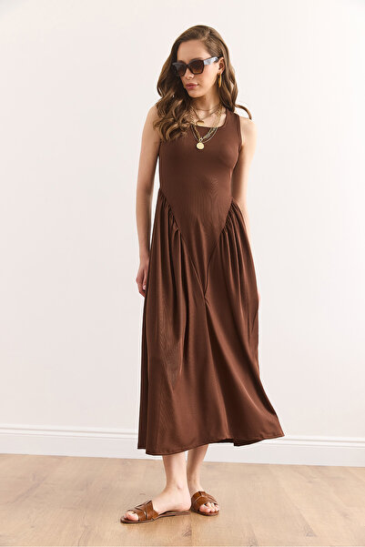 Olalook Kadın Acı Kahve U Yaka Yumuşak Dokulu Maksi Esnek Elbise Elb-19002385