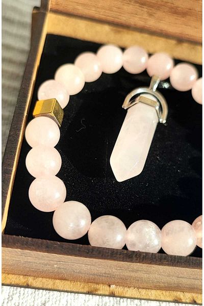 BaharEli Natural Pink Quartz Stone Necklace and Bracelet Set in Special Box