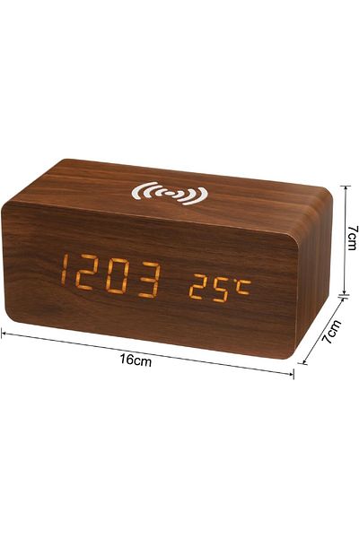 Smart Kitchen Stylish Digital Wooden Alarm Clock Rechargeable with Wireless Mobile Charging, Brown Wood Color
