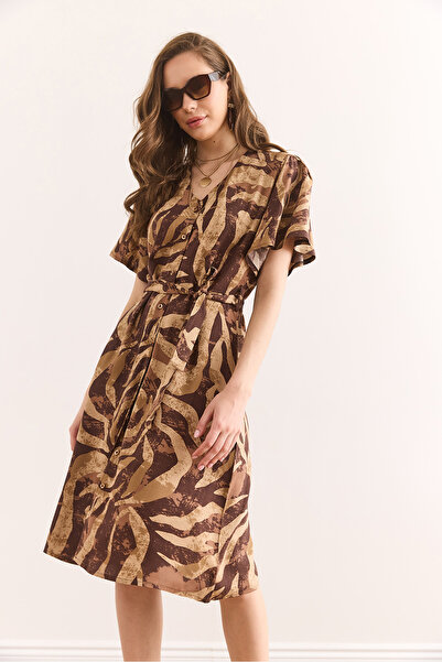Olalook Γυναικείο φόρεμα με υφαντό μίνι πουκάμισο με λαιμόκοψη σε καφέ καμήλα Elb-19002380