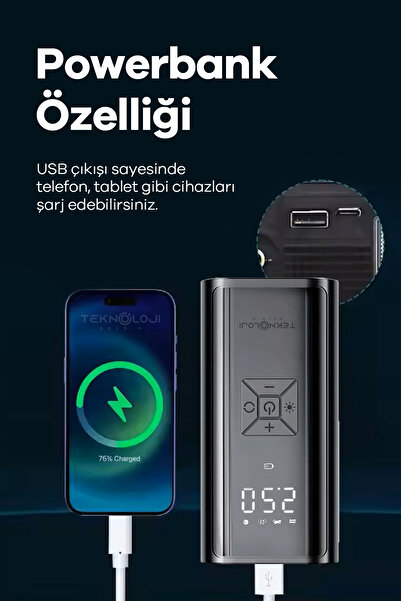 Teknoloji Gelsin Oto Kompresör Şarjlı Taşınabilir Powerbank El Fenerli Araç Lastik Şişirme Pompası Flaşör Göstergeli