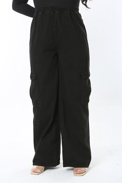 Şans Women Large Size Black Beli Alte Taki High Waist Wide Leg Cargo Pocket Denim Pants