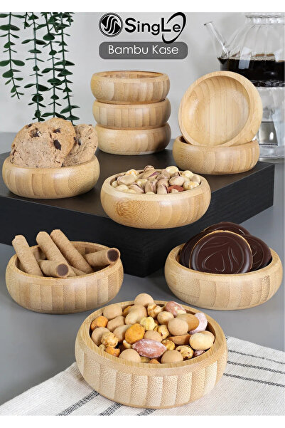 Single ( 3 Adet ) Yuvarlak Ahşap Bambu Çerezlik - Çerez Tabağı Sunum Kasesi L...