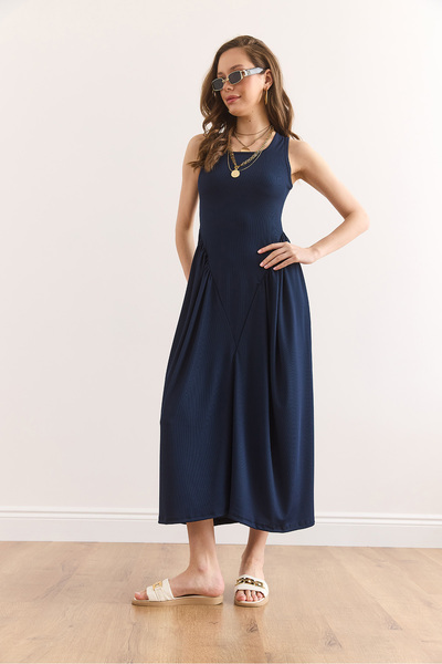 Olalook Women's Navy Blue U Neck Soft Textured Maxi Stretch Dress Elb-19002385