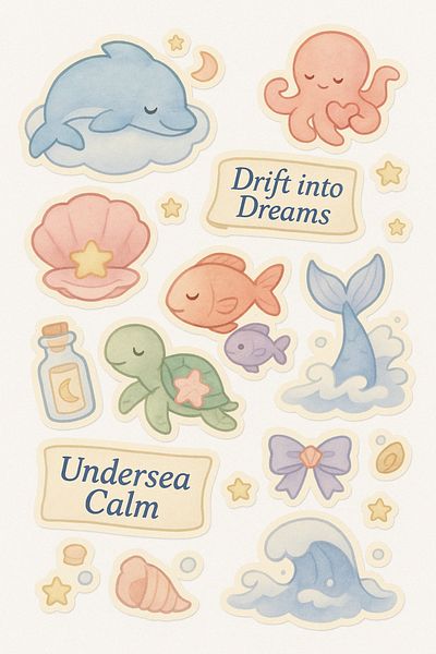 sticker 🌊   مجموعة ملصقات Dreamy Ocean – 3 أوراق – لجدول الأعمال والمخطط ومجلة الرصاصة