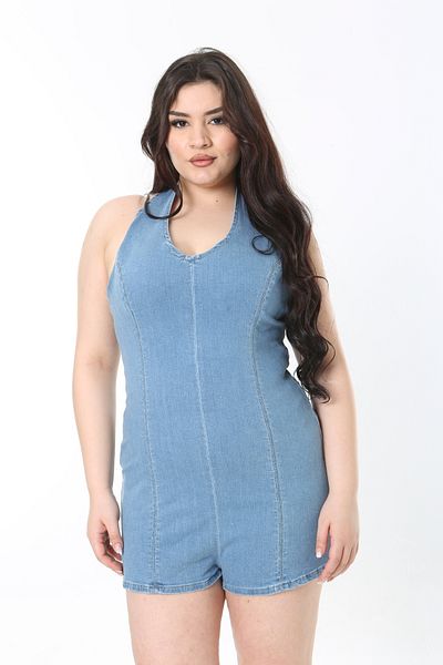 Şans Salopetă de damă, mărime mare, albastră, cu fermoar la spate, pantaloni scurți din denim 65N38907