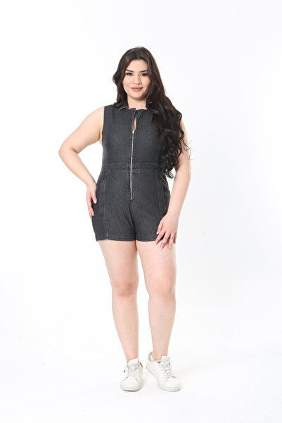 Şans Жіночий комбінезон великого розміру антрацитового кольору - на блискавці, з кишенями ззаду - з декольте