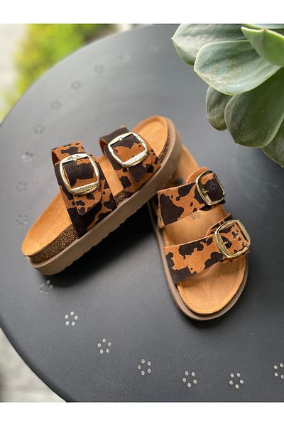 Land of Cork Anatomical Natural Cork Sole Cow Animal Cow Pattern Big Buckle Leather Slippers