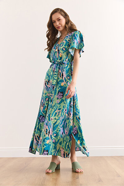 Olalook Γυναικείο φόρεμα με πράσινο λιλά με κουμπιά μάξι βισκόζη φόρεμα Elb-19002382