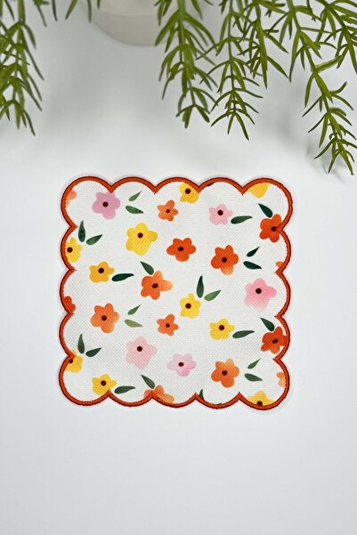 Genel Markalar Çıtır Çiçek Desenli Turuncu Nakış Kenarlı Kokteyl Peçetesi 1 A...