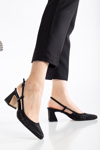 Dilimler Ayakkabı Women's Short Heeled Evening Dress Shoes Black Stone Trim Round Toe