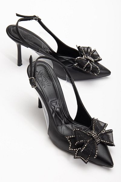 Dilimler Ayakkabı Women's Black Heeled Shoes Side Transparent Stone Bow Evening Dress