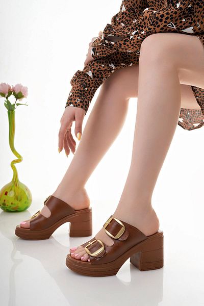 epaavm Wedge Heel Platform Double Buckle Tan Slippers