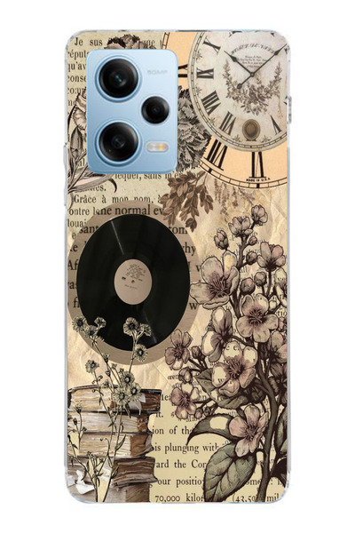 moonset Xiaomi Redmi Note 12 Pro 5G Uyumlu Çiçek ve Plak Tasarımlı Baskılı Şe...