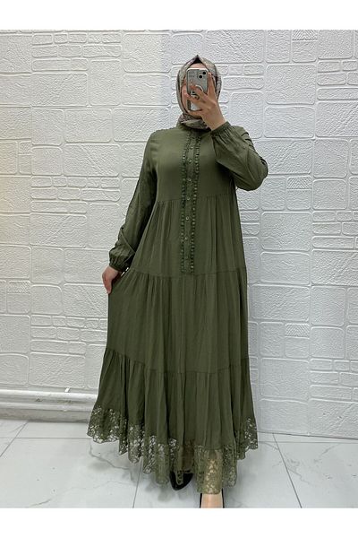 Zeynep Butik Lace Detailed Buttoned Washed Viscose Hijab Dress 1813