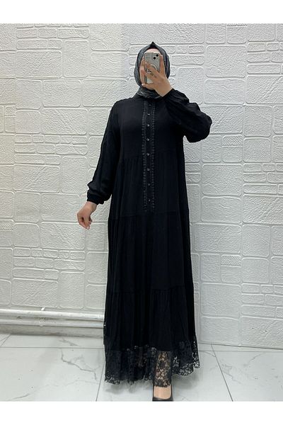 Zeynep Butik Lace Detailed Buttoned Washed Viscose Hijab Dress 1813