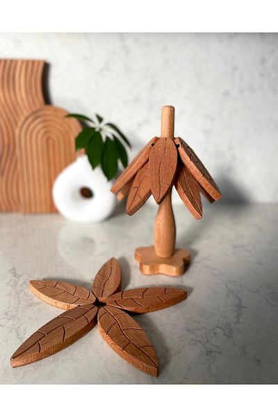 Birdoludukkan 3' Wooden Trivet with Stand - Bamboo Trivet - Practical Folding Trivet with Leaf Pattern