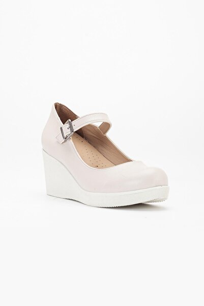 Dilimler Ayakkabı Hard Hat Faux Leather Beige Patent Leather Women's Wedge Shoes