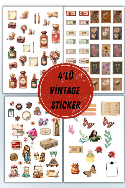birikiyedi 4'Lü Vintage Sticker Planner Ajanda Bullet Journal Için Uygun Set