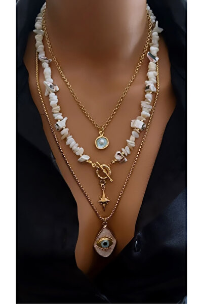 Nevaa Still Sedef Doğaltaş Altın Kaplama Zıncır Tasarım Çoklu Kolye Bijüteri Set