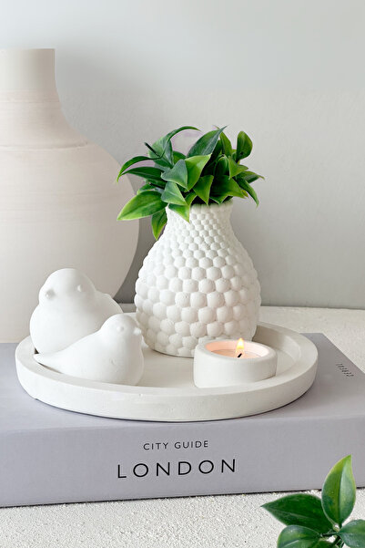 LALEZEN HOME Yuvarlak Tepsi - Mumluk - 2li Kuş - petek vazo