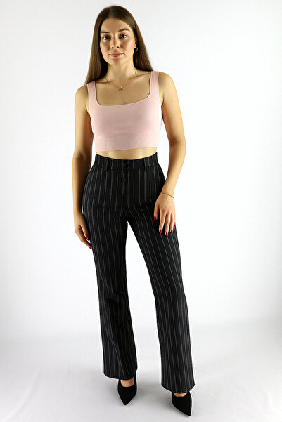 FVTEKSTİL Siyah Yüksek Bel Nervür Dikişli Toparlayıcı Palazzo Kadın Pantolon