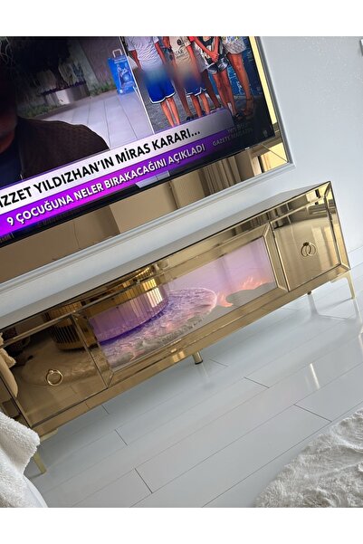 LUXURY VİLLA Luxury Villa Luxury Komple Gold Aynalı Dekoratif Şömineli Sadece Tv Sehpası 180x40 Yükseklik 60cm
