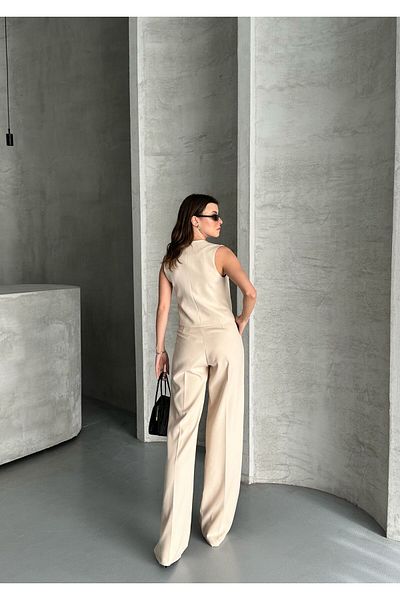aytenli Double Fabric Bow Button Lined Vest Front Pleated Pocket Half Elastic Waist Wide Pants Suit