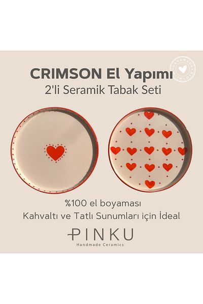 PINKU Ceramics طقم أطباق سيراميك مصنوع يدوياً من Crimson Heart – طقم من قطعتين 20 سم |   تقديم الإفطار والحلويات