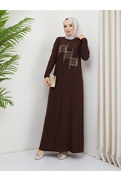 modamira Kadın Sandy Kahverengi Önü Ve Kolları Taş Detaylı Boydan Abiye Büyük Beden Tesettür Elbise