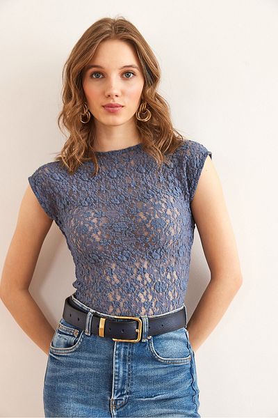 Olalook Γυναικεία Indigo Πίσω Χαμηλή Διαφανής Μπλούζα Crop BLZ- 19002857