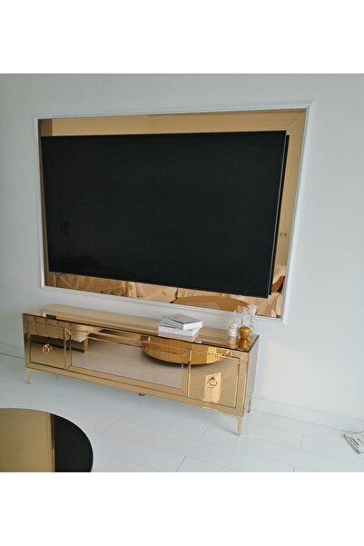 LUXURY VİLLA Luxury Villa Luxury Komple Gold Aynalı Dekoratif Şömineli Sadece Tv Sehpası 180x40 Yükseklik 60cm