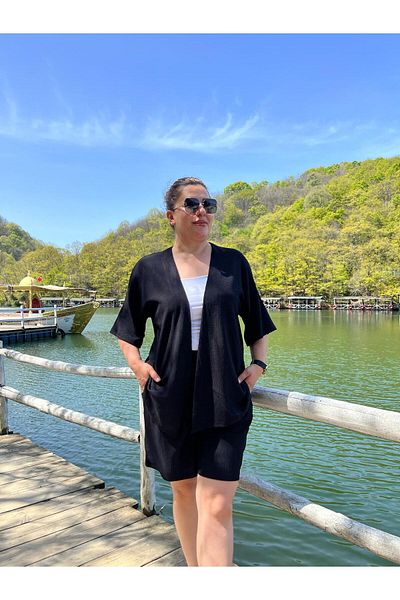 MJORA Plus Size Kimono & Shorts Knitted Set