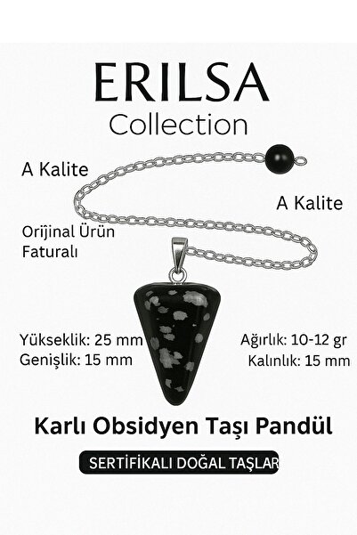 Erilsa Sertifikalı Karlı Obsidyen Pandül ve Kolye Negatif Enerji Temizliği ve Farkındalık Taşı (Sarkaç)
