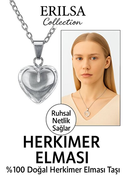 Erilsa Sertifikalı Kalp Model Herkimer Elması Kolye Yüksek Frekanslı Netlik ve Işık Taşı