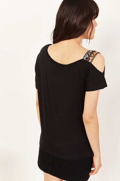 Olalook Dámská černá Etnická halenka na jedno rameno s zdobeným motivem BLZ-19000194