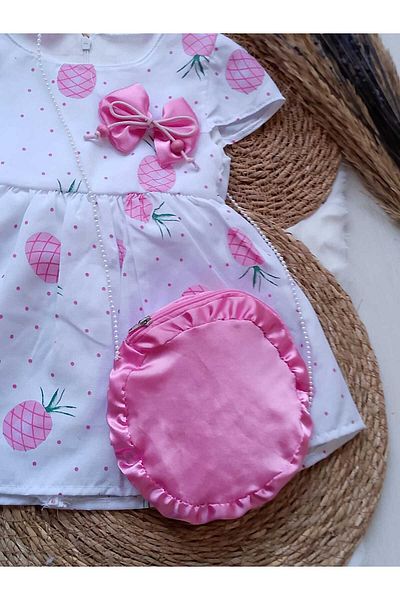 ayzen store Bag Detailed Pineapple Patterned Pleated Girl's Dress (1-2-3-4 Years)