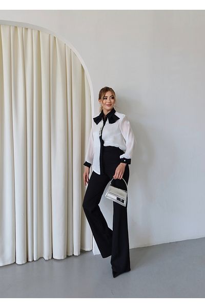 1Moda1Tarz Women's Top Imported Yoryo Chiffon Fabric Collar Detail Stone Embroidery Shirt Inner Blouse Bottom Pants Three Piece Set