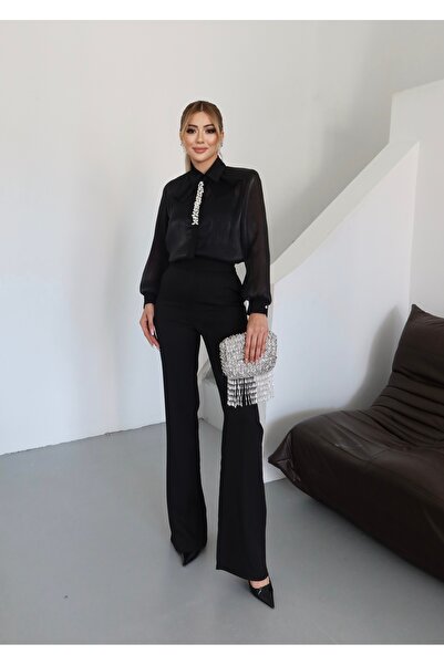 1Moda1Tarz Women's Top Imported Yoryo Chiffon Fabric Collar Detail Stone Embroidery Shirt Inner Blouse Bottom Pants Three Piece Set