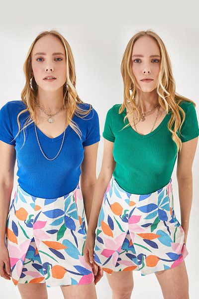 Olalook Women's Saks Blue Green V-Neck Short Sleeve 2-Piece Set Blouse BLZ-19002195