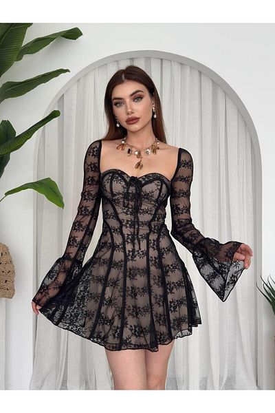 Julidress Lace Detailed Breast Pad Strapless Neck Lined Mini Length Premium Design Tulle Dress