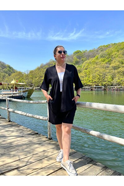 MJORA Plus Size Kimono & Shorts Knitted Set